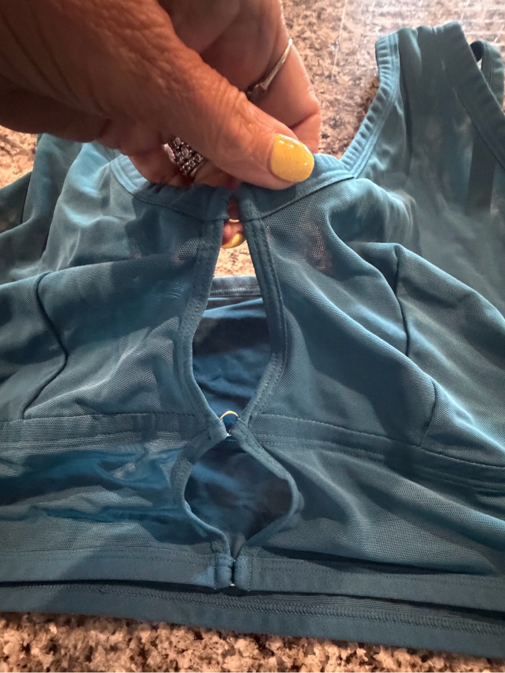 Colsie Teal Blue Sports Bra V-Neck Front Holes Athletic Top, mesh on shoulder,